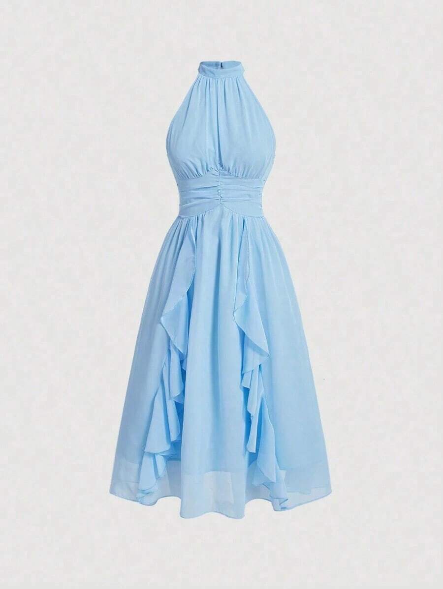 MOD Vestido elegante de cuello halter con pliegues y ribete de volantes para mujer - Celeste - Ver 1