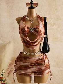 Women's Spring And Summer Beachwear Set, Featuring A Printed Mesh Tank Top With A Deep Neckline And Gold Flower Embellishment, And A Fitted Bodysuit Skirt. Earth-Toned Dress, Scarf, And Slip Dress Set For Vacation. - 多色 4 - 查看 5