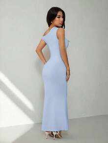 Ropa de verano, atuendos para citas diarias y viajes, atuendos de fiesta, atuendos interiores elegantes para mujeres, atuendos para salir, vestido asimétrico de sirena extra largo con hombros caídos, atuendos de club para mujeres, atuendos de - Celeste - Ver 2