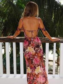 Nuevo vestido casual estampado, diseño bandeau con lazo, cintura media y corte cuerpo ajustado - Rojo cereza - Ver 4