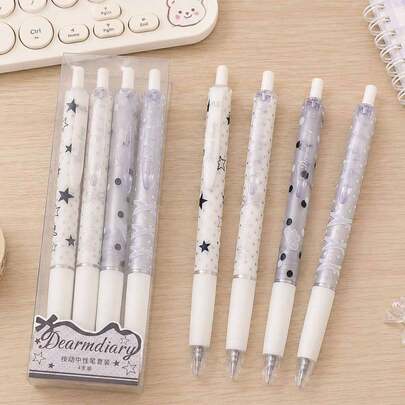 4pcs Star & Polka Dot Pattern Retractable Neutral Pens, Cute Bow Design For Girls, 0.5mm Black Ink, Back To School Essential Stationery, Office Signing Pen