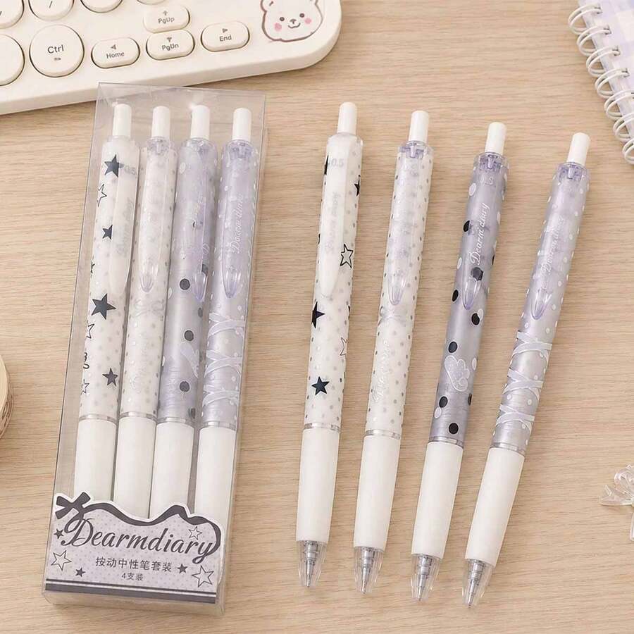 Bộ 4 bút bi bấm nút hình ngôi sao và chấm bi, mực đen không lem, viết trơn tru, thiết kế dễ thương, lý tưởng cho các bé gái. - Bút gel chấm bi hình ngôi sao - Xem 1