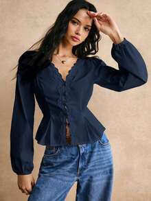 Camisa de algodón con detalles de botones y acabado de encaje elegante en la cintura, camisa de manga larga, camisa de cintura, top de encaje, camisa de encaje, camisa de algodón, detalle elegante de la cintura, para trabajo diario, salida, estilo chic sin esfuerzo, esencial, FW24, ropa de mujer de otoño - Azul marino - Ver 4