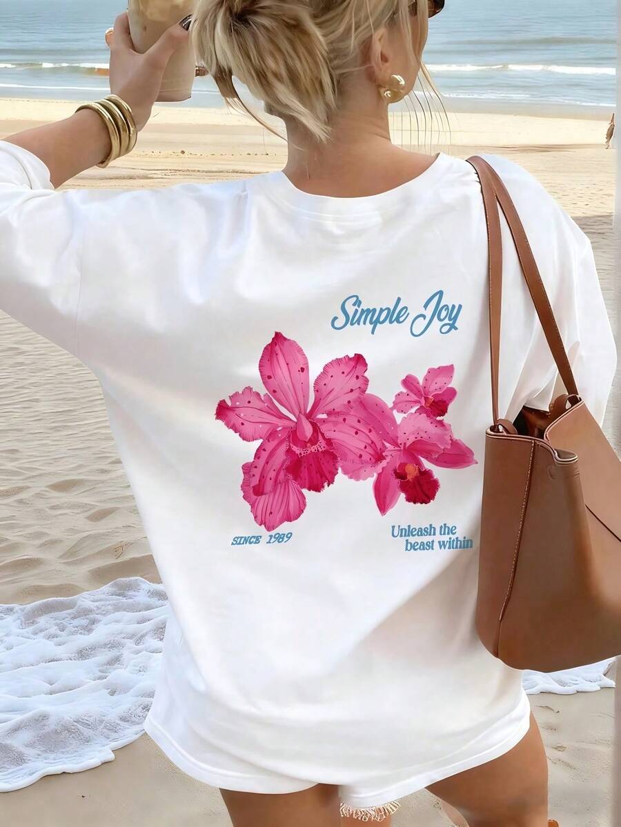Women's Loose Fit T-Shirt, 100% Cotton, Round Neck, Short Sleeve With Minimalist Orchid Print, Y2K Soft Girl Style, Black - 白色 - 查看 1