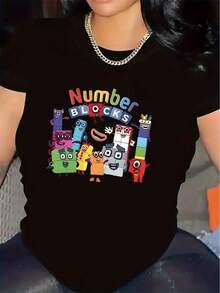 Camiseta de manga corta para sala de estar |   Diseño colorido de bloques numéricos, duradero y cómodo, adecuado para uso casual y actividades diarias, tela suave, cuello redondo, camisetas de mujer ligeramente elásticas. - Negro - Ver 1
