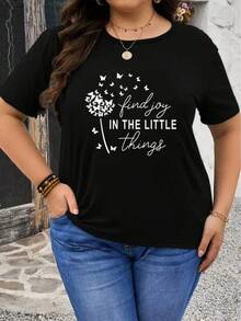 2026 Camiseta Casual de Manga Corta Talla Grande - Estampado Floral Negro con Patrón de Mariposa y Diente de León, Top de Cuello Redondo Elástico, Estilo Primavera Verano, Camiseta Linda, Uso Diario Cómodo, Ajuste Holgado, Tela No Transparente, Camiseta Pullover 1pc 180g Unisex Loose Crewneck T-Shirt - Negro - Ver 7