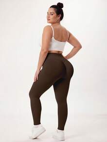 NcmRyu 1pc Women's Solid Color Ruched Waist Slim Fit Plus Size Sports Pants - Brown - View 9