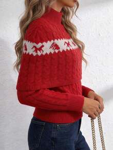 JNQualytrix Elegant Animal Print V-Neck Long Sleeve Pullover Sweater & Poncho Two Pieces Set, Suitable For Spring/Autumn & Winter, Elegant/Minimalist/Resort Style - New Big Red - View 4