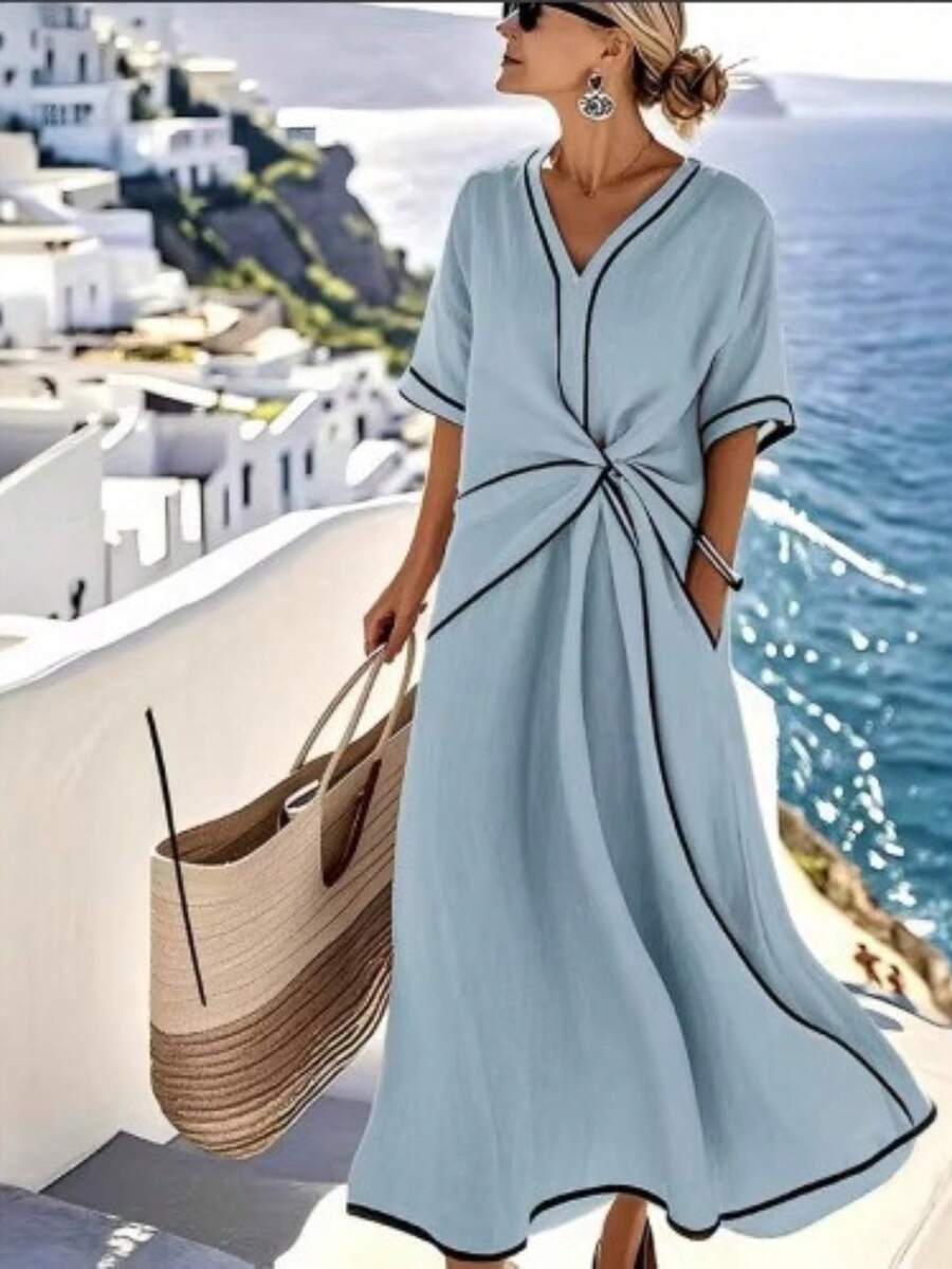 Apricot-Colored Women's Dress With Contrasting Black Details, V-Neck, Ruffled Waist, Side Pockets, Lightweight Fabric Ideal For Summer, Elegant Casual Style Perfect For Vacations, Beach And Travel, Resort Fashion - 藍色 - 查看 1