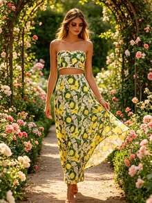 Conjunto Casual Estilo Europeo 2026, Top Tirantes Encaje Lino, Falda Larga con Abertura Moda Influencer - Verde - Ver 4