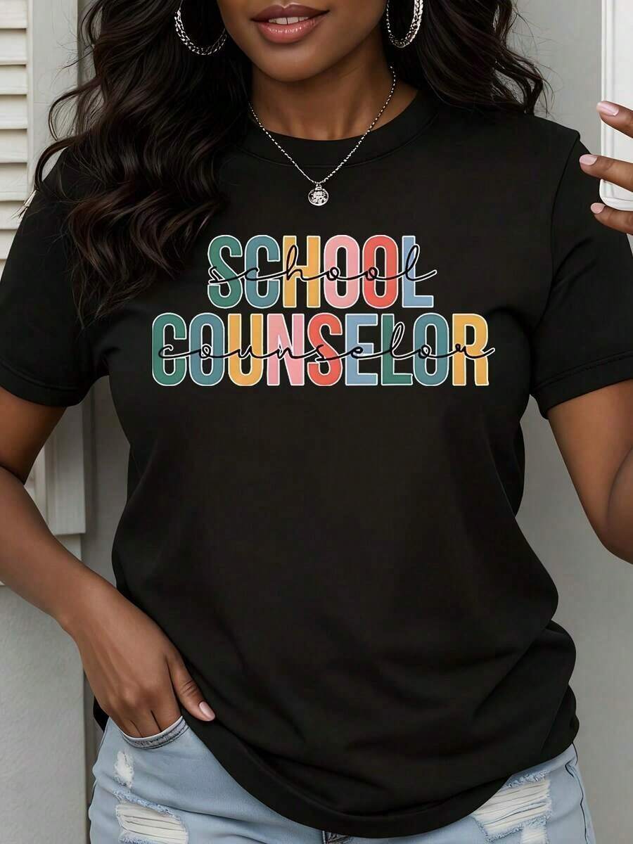 Casual Crew Neck T-Shirt For Back To School With Colorful School Advisor Print, Casual Wear For Work And Everyday Use, Must-Have - 黑色 - 查看 1