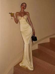 Vestido largo ajustado con tirantes encaje combinado satén estilo elegante sensual - Amarillo - Ver 1