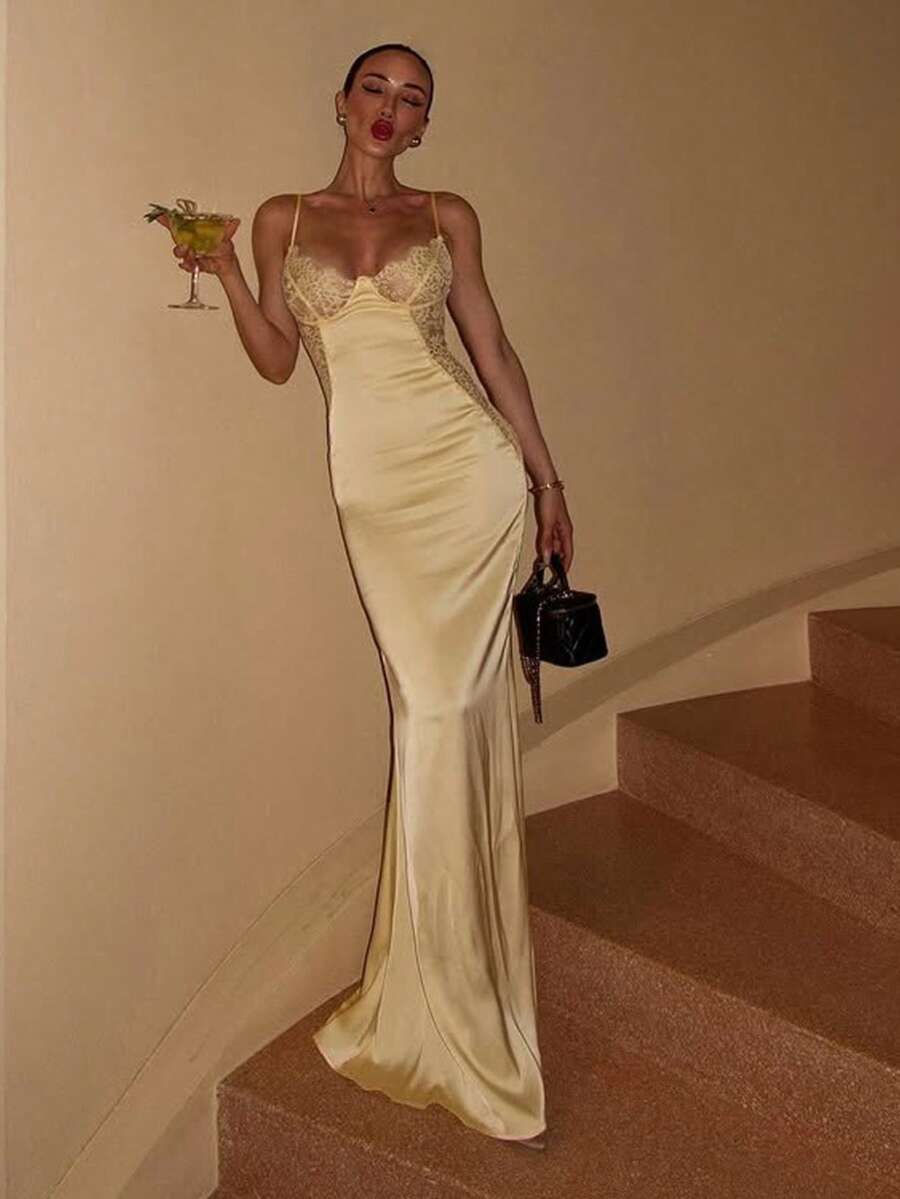 Vestido largo ajustado con tirantes encaje combinado satén estilo elegante sensual - Amarillo - Ver 1