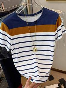 Camiseta de manga corta de cuello redondo casual con ribete de contraste para mujer, verano - Multicolor 5 - Ver 3