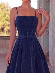 Faeriesty Elegant Women's Delicate Spaghetti Strap Long Party Evening Dress | Ruched Bust Design And Tie Back Design, Suitable For Parties, Celebrations And Galas - Navy Blue - View 5