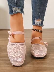 Giày bệt nữ, thoáng khí, chống trơn, đế mềm, chất liệu ren lưới, đính sequin, thêu hoa và nơ, màu trơn, mũi vuông, kiểu Mary Jane, phong cách cổ tích Âu Mỹ, thích hợp cho học sinh xuân/hè, đi làm, hẹn hò, mua sắm, mặc hàng ngày, màu hồng. - Hồng - Xem 5