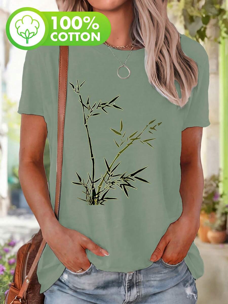 Plus Size, Plus Size Women's Casual Short Sleeve T-Shirt - Bamboo Branch Illustration Print, Relaxed Fit Round Neck Top, Machine Washable All-Season Comfort, Cute Short Sleeve Tops, Natural Theme Shirt, Durable Casualwear, Everyday Top, Graphic Tee, Soft Fabric, Print Shirt, Comfort Seekers - Verde claro - Ver 1
