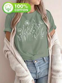 Talla Grande - Talla Grande - Camiseta Casual de Manga Corta con Cuello Redondo y Estampado Floral para Mujer - Verde claro - Ver 6