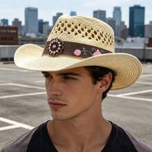 Women Western Straw Hat Summer Breathable Beach Sun Protection Cowgirl Cap With Floral Embroidery Faux Leather Band - Beige - View 4