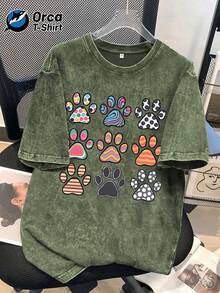 1 camiseta vintage con estampado de huellas de pata, de colores variados y efecto desgastado, de una marca americana de moda, informal, de cuello redondo, de algodón lavado, personalizada, de manga corta, adecuada para vacaciones, salidas, uso casual, deportes, regalos y otras ocasiones. 100% algodón, 180g. - Negro - Ver 8