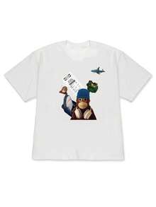 Camiseta de manga corta para mujer, de corte holgado y hombros caídos, con un estampado que muestra "Doll Monkey + Shark + Receipt Collage" en un estilo retro americano divertido. Cómoda y agradable al tacto, adecuada para quienes prefieren un estilo único y original para sus salidas diarias. Linda camiseta de manga corta. - Blanco - Ver 8