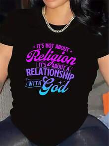 Camiseta de Manga Corta de Poliéster con Mensaje Religioso "No se Trata de Religión, se Trata de una Relación con Dios" Ligera, Duradera, Perfecta para Uso Diario, Hogar, Iglesia o Salidas Informales - Negro - Ver 6