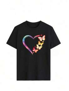 Camiseta de cuello redondo y mangas cortas de ropa fashion, fabricada en México, para la temporada primavera-verano 2025. Con estampado de dibujos animados, es un modelo de pareja, apta para usar tanto por dentro como por fuera, ideal para oficina y estilo casual, diseñada para hombres y mujeres, en unidad individual. - Negro - Ver 2