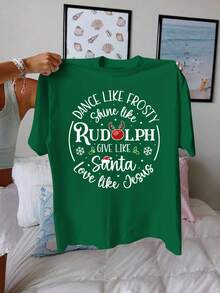 Casual Short-Sleeved T-Shirt With Letter Print And Round Neck, Christmas Style, Suitable For Summer And Spring, Women's Clothing - Unisex Loose Cotton Short-Sleeved T-Shirt With Round Neck, Urban Vintage Style. - 綠色 - 查看 6