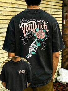 GiftAmerican Camiseta de Hombre Estilo Vintage Y2K, Cuello en V, Estampado de Mano de Esqueleto Blanca con Rosas en Ambos Lados, Camiseta de Manga Corta Oversize de Estilo Antiguo, 100% Algodón Lavable con Agua, Estilo Casual Relajado, Ropa de Estilo Urbano Y2K Suave - Negro - Ver 7