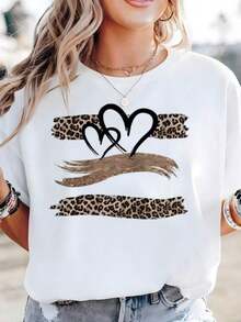 Casual Women's White T-Shirt With Double Heart And Leopard Print, Fashionable T-Shirt With Gold Glitter And Artistic Brushstrokes, Boho And Chic Style Blouse, Casual Top For Summer Or Gift - Must-Have - 白色 - 查看 1