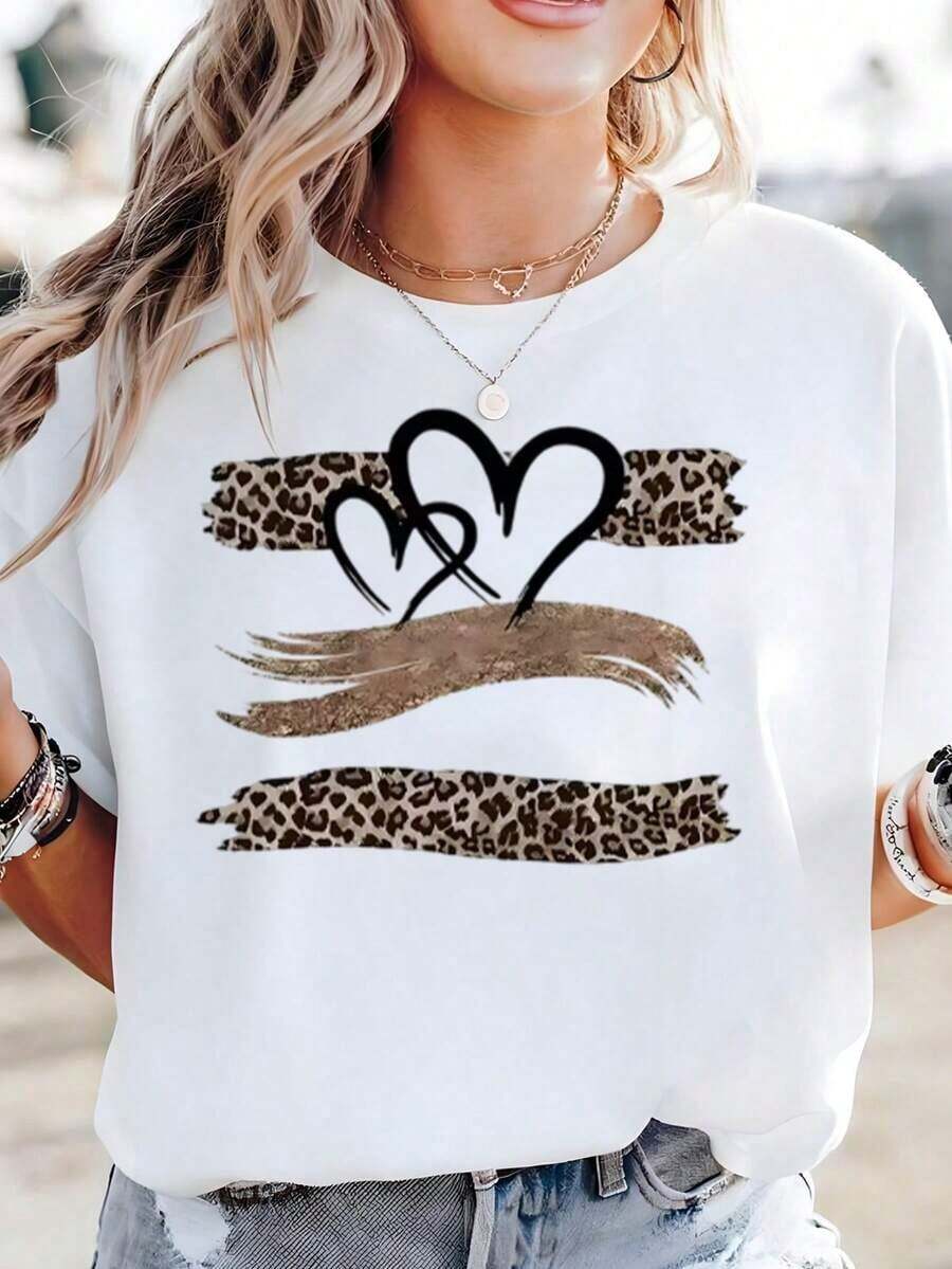 Casual Women's White T-Shirt With Double Heart And Leopard Print, Fashionable T-Shirt With Gold Glitter And Artistic Brushstrokes, Boho And Chic Style Blouse, Casual Top For Summer Or Gift - Must-Have - 白色 - 查看 1