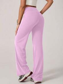 2026 TimeOff 1 pieza Pantalones deportivos de mujer minimalistas con cintura elástica, estampado de letras, pierna recta y ancha, efecto levantador V-Shape, primavera - Rosa - Ver 8