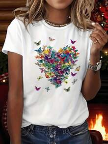 Women's T-Shirt, Plus Size Short Sleeve Crew Neck T-Shirt With Aesthetic Butterfly And Heart Print, Breathable, Ideal For Summer And Spring. Women's Clothing, Suitable For All Seasons, Simple, For Christmas Gifts, Everyday Wear, Perfect For Cool Summer Outings - 白色 - 查看 7