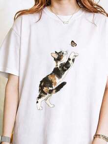 Camiseta de Gato y Mariposa, Linda Camiseta Calicó, Camiseta Estética en Acuarela, Regalo para Mamá de Gatos, Camiseta Minimalista para Amantes de Mascotas, Camisetas Gráficas Unisex, Camiseta Divertida - Blanco - Ver 5