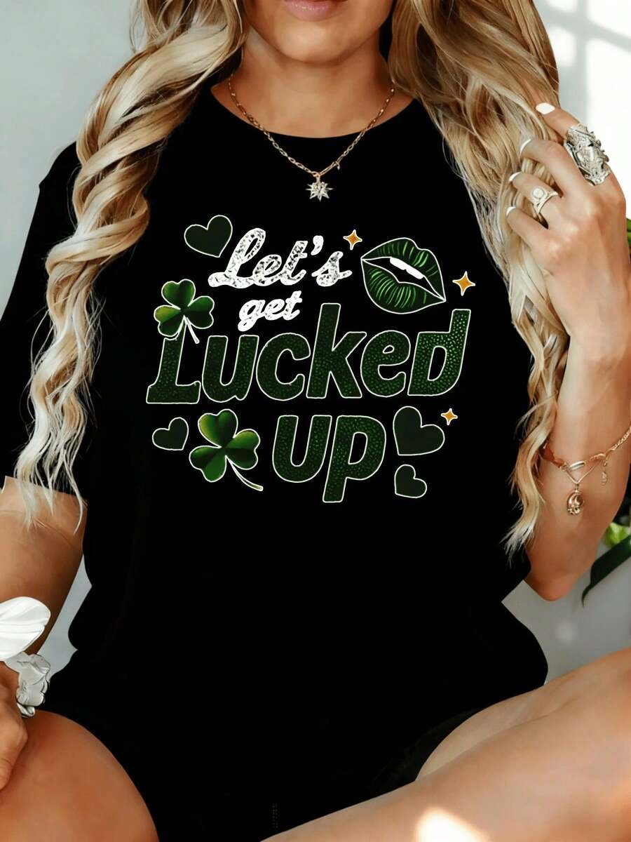 Camiseta del Día de San Patricio para Mujer, Estilo Casual con Trébol de la Suerte, Divertida Camiseta Verde Festiva para Celebración del Día de San Patricio, 180g, para Ocio en Casa, Aire Libre, Regalo para Fiesta de San Valentín - Negro - Ver 1