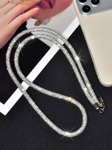 1 Set Luxury Rhinestone Lanyard Necklace Strap, Shiny Silver Bling Phone Hanging Cord, Fashion Rhinestone Phone Case & Bag Decor Chain - Silver Neck Strap + Short Rope - View 7