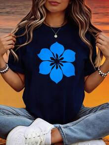 Camiseta de mujer 100% algodón, cuello redondo, diseño floral azul, estampado, estilo minimalista, corte holgado. |   Tops de mujer |   Tops de Moda de Verano para Mujer - Negro - Ver 6