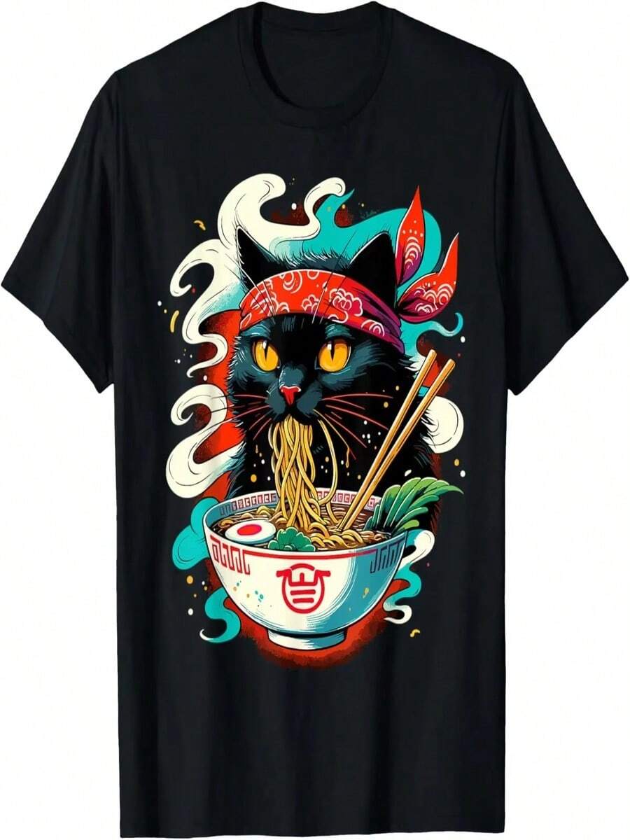 Camiseta Ramen Cat Wife, Camiseta de anime japonés con gato adorable, Camiseta unisex con dise?o divertido y original, Top - Negro - Ver 1