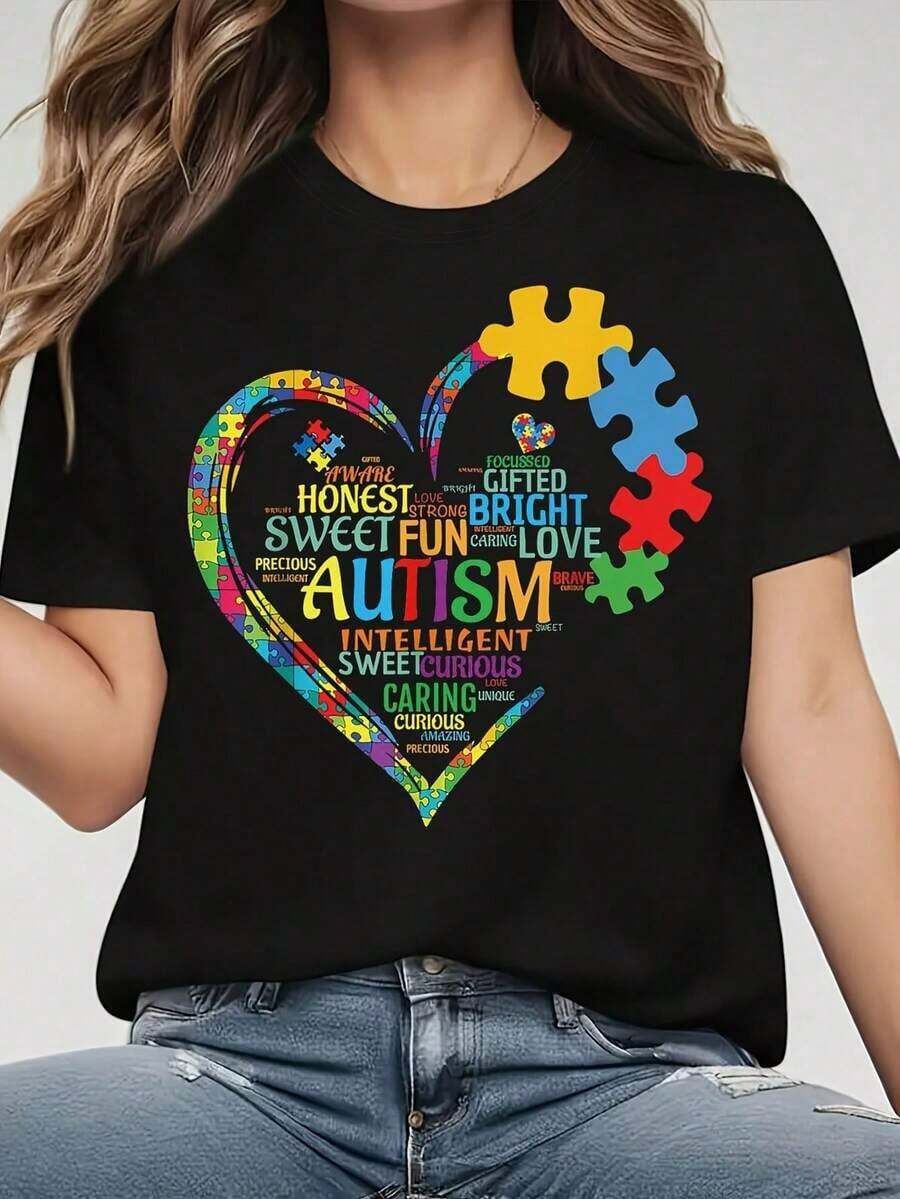 Ropa Curvy En Oferta Y Una Camiseta De Manga Corta Para Mujer, Holgada Y De Estilo Retro, Adecuada Para Actividades Al Aire Libre En Primavera Y Verano, Con Un Estampado De Rompecabezas En Forma De CorazóN Que Promueve La Conciencia Sobre El Autismo - Base Negra Con PatróN De Rompecabezas Colorido, DiseñO De Cuello Redondo, Top De Primavera/Verano, Ropa Con TemáTica De Autismo, Camiseta CóModa Con Estampado Brillante.Blusas Para Mujer,Blusas Casuales Para Dama,Tops,, Mujer Premium,Y2K,Playeras De Mujer Curvy,Ofertas Y Liquidaciones Ropa Mujer,Playeras Deportivas Para Mujer,,Playeras De Hombre, Mujer,Blusas>Elegante EJOFCamisetas Para Mujer Y2K - Negro - Ver 1