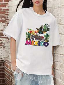 Ropa Curvy En Oferta Y  Camiseta Oversized Y2K Para Mujer - Blanca, Manga Corta, Con DiseñO De "MEXICO", Mariachi Y Cactus, Atuendo Casual De Verano Para Viajes, Para Uso Diario Y Fiestas De TemáTica Mexicana, Camisetas GráFicas Para Mujer, Camisetas Emo Para Mujer, Camisetas GráFicas Oversized Para Mujer, Camisetas Hip Hop Para Mujer, Camisetas Wild Soul Para Mujer, Camisetas Para Mujer, Camisetas Peculiares Para Mujer, Camisetas Para Mujer, Camisetas De Moda Para Mujer, Camisetas Para Dama, Camisetas Estampadas, Camisetas Novedosas Para Mujer, Camisetas Femeninas, Camisetas De Verano.Camisetas Para Mujer Y2K - Blanco - Ver 6