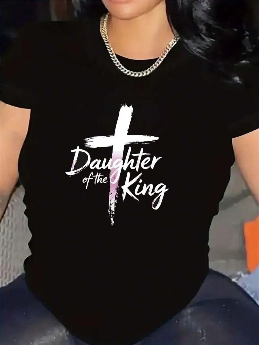 Camiseta de manga corta para mujer| Diseño cristiano "Hija del Rey", 100% tela, ligero y duradero, perfecto para la iglesia, el hogar o el uso diario, estampado sobre fondo, ajuste cómodo para uso cotidiano. - Negro - Ver 1