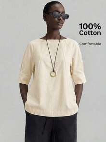 2026SS Nueva blusa de mujer, atuendo de vuelta al colegio, estilo campestre, casual de oficina, cita nocturna, aeropuerto, uso de fiesta, unicolor de verano con hombros descubiertos y manga corta, tela tejida, adecuada para el Día de San Valentín, t - Beis - Ver 1