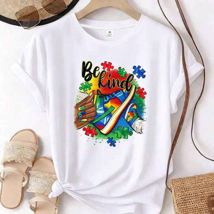 Camiseta versátil de moda urbana de manga corta informal de verano con cuello redondo y estampado de patrones para mujer de talla grande - Blanco - Ver 1