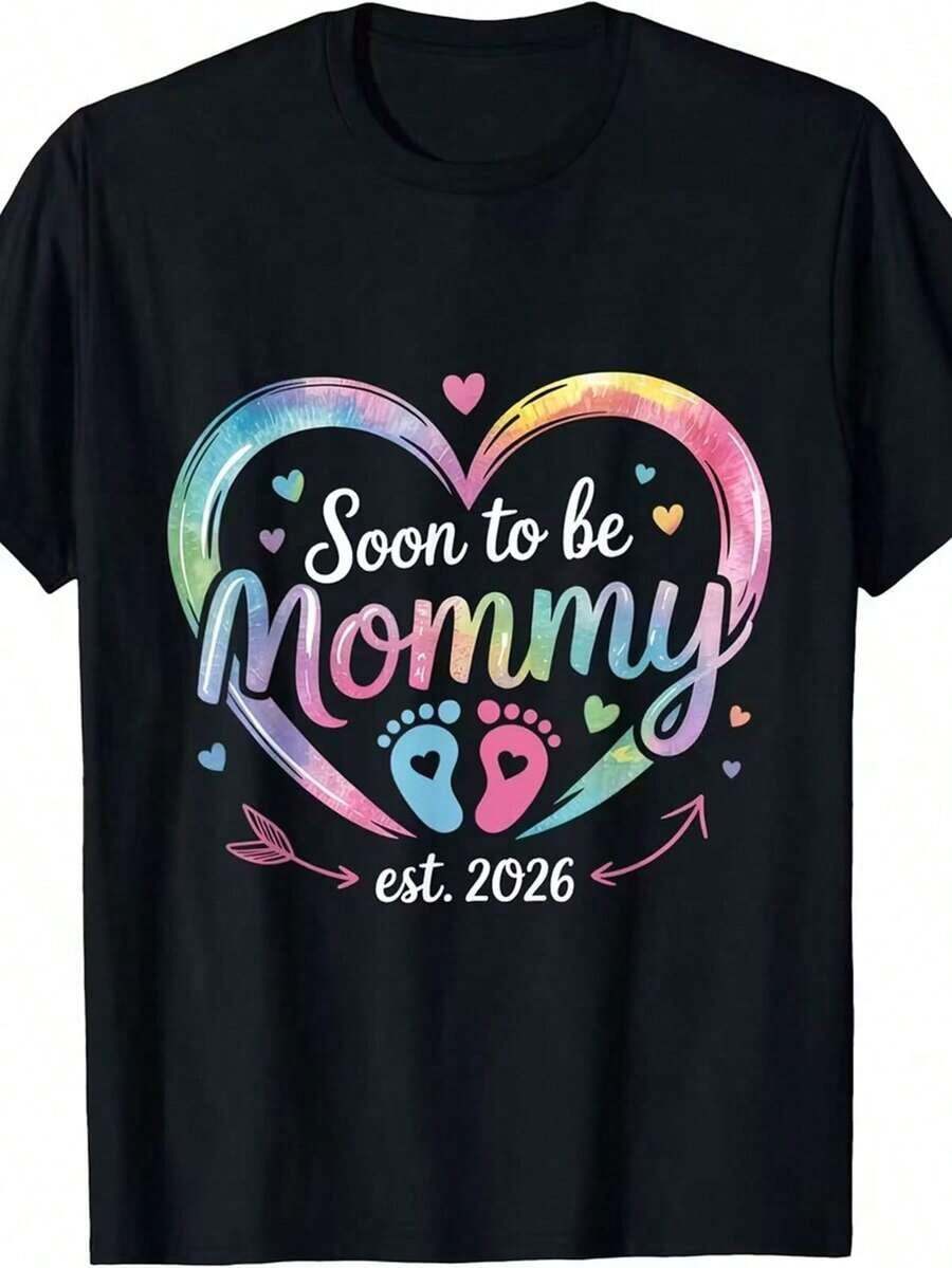 Women's Short-Sleeved T-Shirt With Round Neck, Anime Letter Print, Casual, Elegant, A Must-Have For Everyday Wear And Parties, Local Shipping. - 黑色 - 查看 1