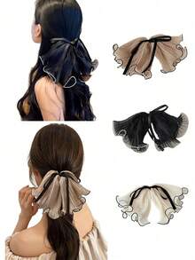 1pc Chiffon Ruffle Bow Hair Clip, Sweet & Elegant Women Hair Accessory With Ribbon Tail, Suitable For Summer, Vacation, Travel - A - View 2