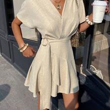 Relaxed Fit V-Neck Wrap Mini Dress With Belt For Women Casual Summer Vacation,Linen Blend Batwing Sleeve Mini Wrap Dress, Casual Beach Holiday Sundress, Tie Front Dress, Beige Dress, Linen Dress, Vacation Dress, Wrap Dress, Birthday Dress, Beige Dress For Women, Front Tie Dress, Creme Dress, Brunch Dress, Short Sleeve Dress Cream Dress - Azul Marino - Ver 6