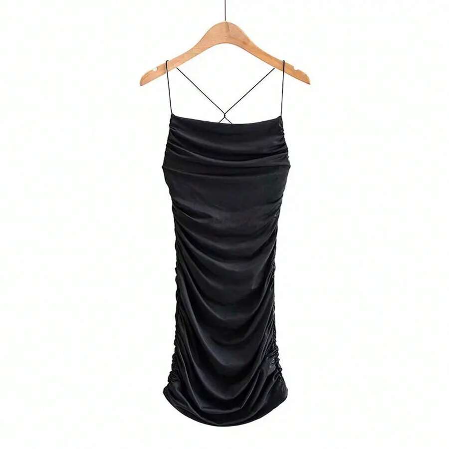 Minivestido Sexy con espalda descubierta, vestido plisado sin mangas, moda negra, vestidos ajustados ajustados para discoteca para mujer de verano con tirantes - Negro - Ver 1