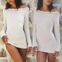 Vestido de fiesta de noche blanco con espalda descubierta para mujer, minivestido informal holgado de manga larga de Color sólido para vacaciones y Club - BLANCO - Ver 3