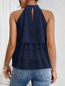 Blusa de gasa con volantes asimétricos y cuello suelto - Azul marino - Ver 2