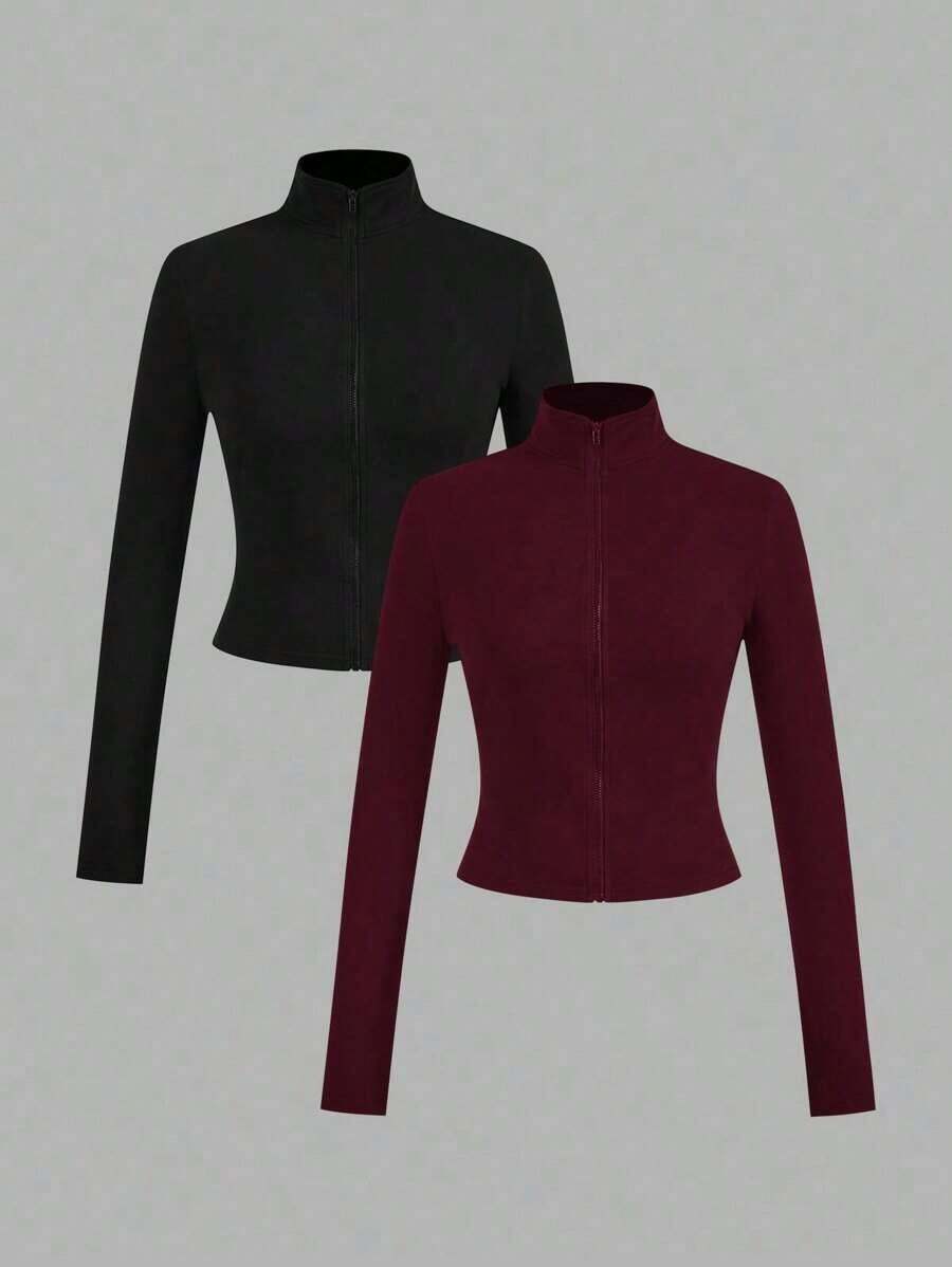 2 piezas Conjunto versátil de ropa deportiva de punto blanca y negra para yoga y fitness, camiseta de manga larga con cremallera y bordado gráfico de letras, elegante para otoño/invierno - Multicolor 6 - Ver 1
